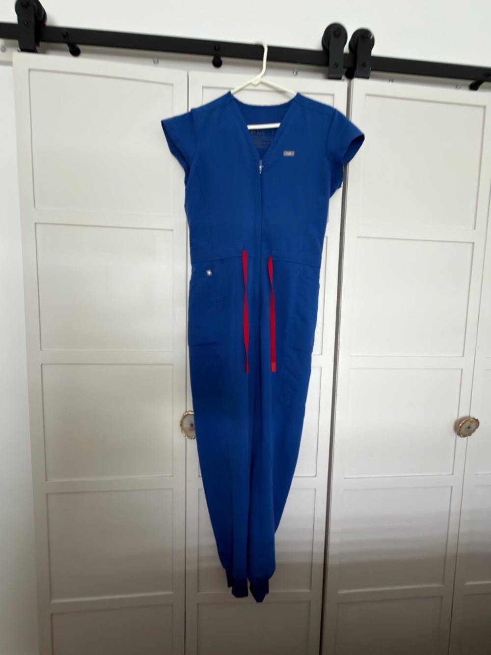 Figs Royal Blue Zip-Front Jumpsuit with Red Drawstrings